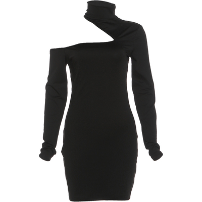 不规则斜边镂空款修身长袖连衣裙