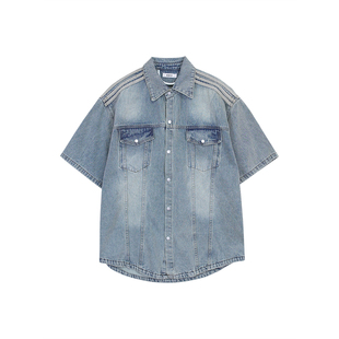 Holocene美式潮牌小众复古牛仔衬衫套装男短袖痞帅时尚一整套搭配