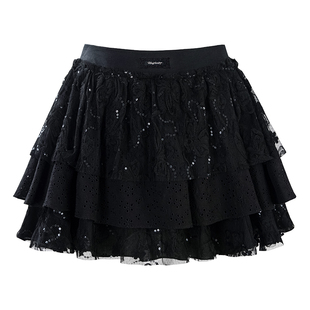 UNIFREEPLUS大码高腰蕾丝拼接短裙半身裙女重工甜美蓬蓬百褶裙