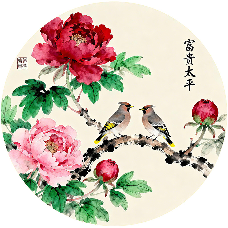 中式山水花鸟装饰画客厅卧室画仙鹤牡丹大公鸡圆形画自粘贴壁画