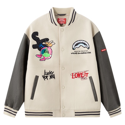 野丸子联名SprayGround鲨鱼嘴涂鸦美式棒球服男女潮流休闲外套