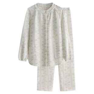 藤蔓复古印花睡衣女秋冬季纯棉空气层三层保暖长袖开衫家居服套装