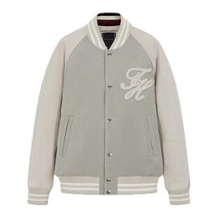 Tommy秋冬男装美式复古潮流皮革撞色拼接宽松棒球棉服夹克外套