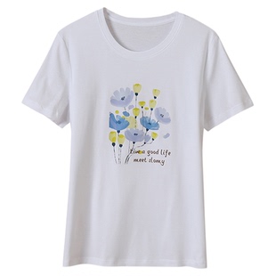 SKYINTL丝光棉字母白色印花短袖t恤女夏薄款时尚全棉打底短款上衣