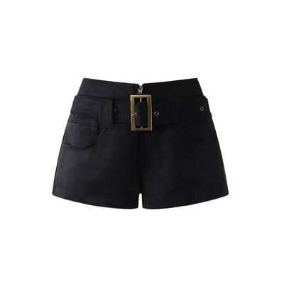 VIVICATHY2025秋美式复古黑色麂皮休闲裤女低腰a字辣妹短裤靴裤