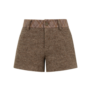 dorydory 2025秋冬新款中低腰外穿百搭格子拼接羊毛呢短裤女