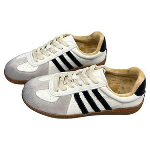 真皮三条杠德训鞋女加绒2025秋冬季新款阿甘华夫平底休闲牛皮板鞋