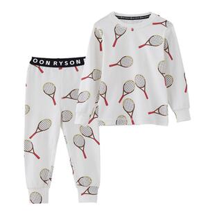 RYSONMOON薄款长袖空调服男女童棉睡衣网球拍天然加弹家居服套装