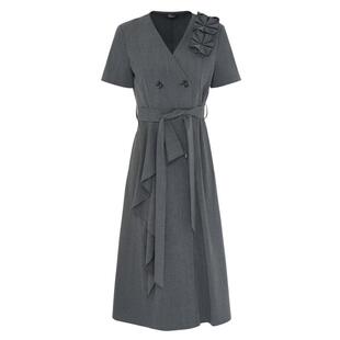 IDPAN女装V领连衣裙夏季新款气质通勤不规则荷叶边设计感裙子