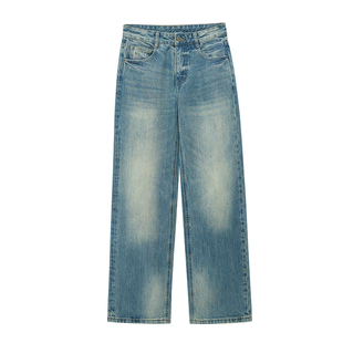 REMOULD 2025春季新款复古蓝窄版直筒猫须做旧高腰显瘦牛仔女裤