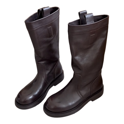 WM6套筒低跟女靴真皮中筒骑士靴