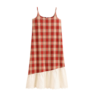 悦内带胸垫睡裙女款睡衣夏季夏天吊带背心纯棉格子红色长款可外穿