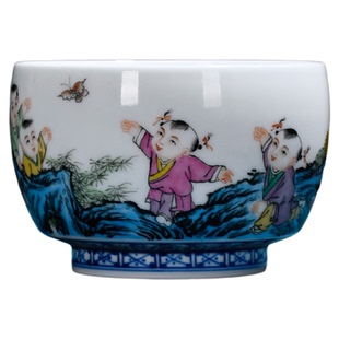 景德镇陶瓷手工手绘粉彩功夫茶具五子登科马蹄杯主人杯中式茶杯