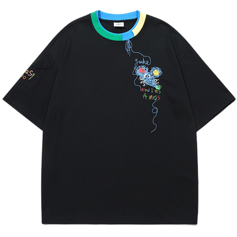 黄誉博同款GUUKA黑色短袖男情侣老鼠半袖重磅纯棉T恤落肩上衣宽松