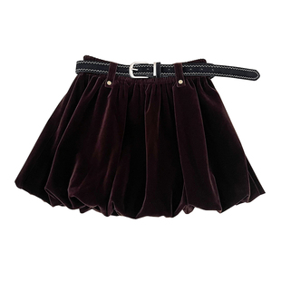 设计感甜美百搭丝绒高腰显瘦花苞半身裙蓬蓬裙防走光短裙女配皮带