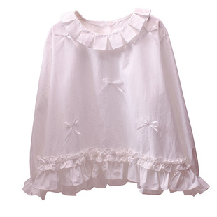 日系森女风荷叶边花边领白衬衫女娃娃衫长袖宽松百搭甜美上衣打底