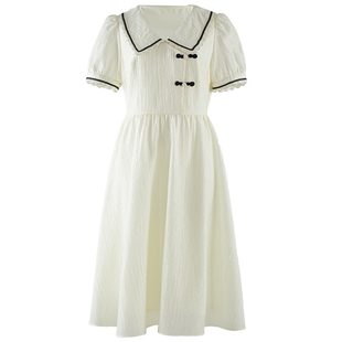 衣纱布菲柔白 新中式a字连衣裙夏装女泡泡袖温柔修身裙子