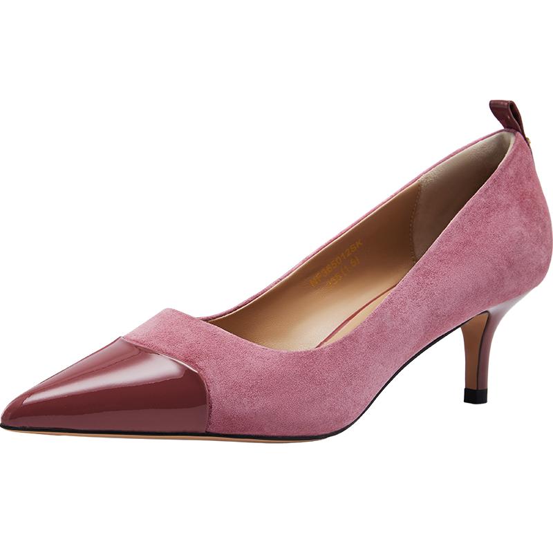 Nine West/玖熙小猫跟单鞋女夏新款拼接真皮气质不累脚高跟鞋