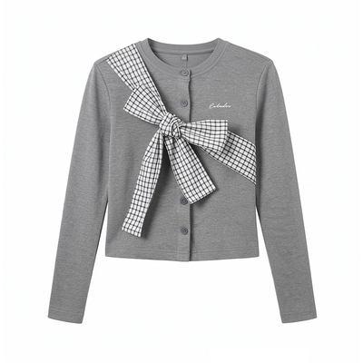 ECHOSTA蝴蝶结格子绑带春长袖开衫上衣外套短裙格子假两件套装