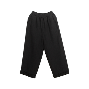 忘城H1257座/夏日留白/新款14*14支干洗亚麻黑色直筒裤木耳边裤子