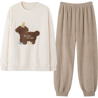 情侣款毛绒睡衣秋冬季美拉德小狗