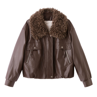 羊羔毛领皮衣外套女短款2025冬季新款百搭显瘦洋气加绒加厚皮夹克