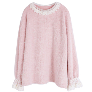 俏皮软语花边圆领毛衣胖莹莹大码女装春季显瘦百搭钉珠打底针织衫