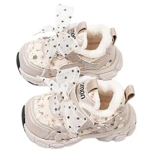 书萌童鞋儿童运动鞋丝带蝴蝶结公主鞋花朵可爱女童鞋冬季加绒棉鞋