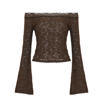 中古风一字肩喇叭袖蕾丝T恤女