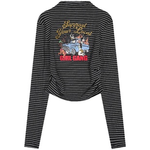 今屿花花 短款修身黑白条纹t恤秋装女款2024新款上衣长袖可外穿