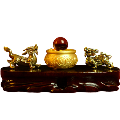 公母一对铜貔貅聚宝盆生意人摆件