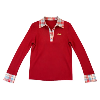 假两件格纹拼接polo领长袖T恤女