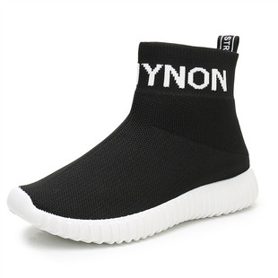 袜子鞋冬季加绒保暖棉鞋旅游弹力飞织透气女鞋运动高帮鞋休闲短靴