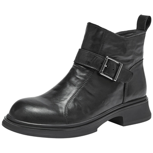 热风加绒时装靴女款2025年冬季新款粗跟黑色小皮鞋百搭短靴子女鞋