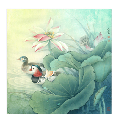 工笔画底稿李晓明斗方荷花鸳鸯
