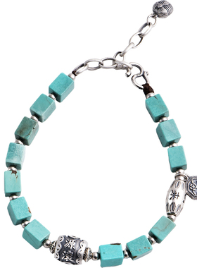 灵石创艺时尚纯银手链女复古民族风招财转运珠天然水晶绿松石手串