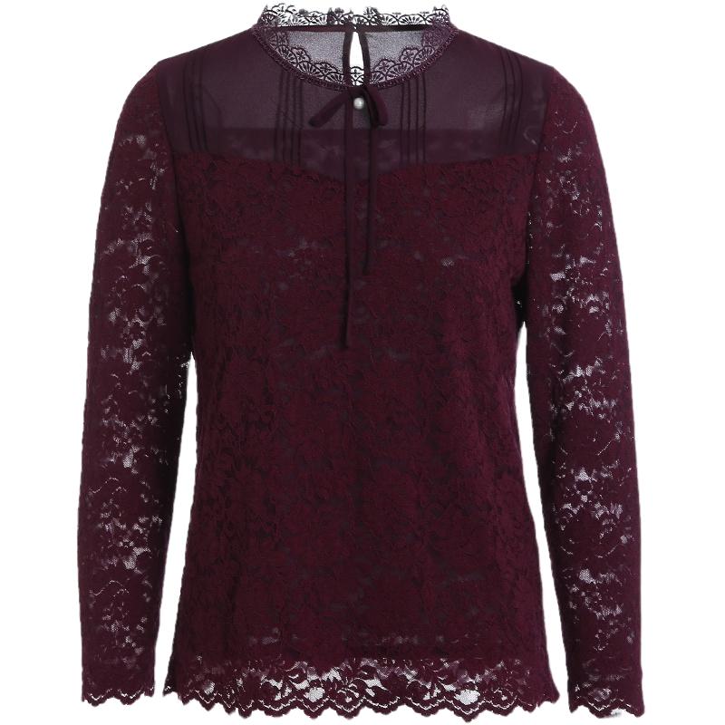 乔万尼商场秋装上衣女拼接设计蝴蝶结吊坠重工蕾丝气质优雅衬衣