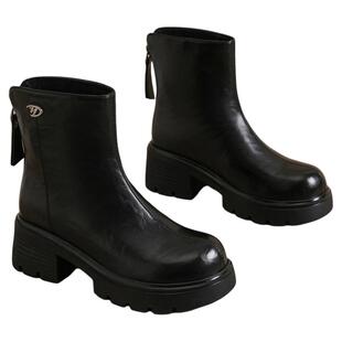 星期六女士白色靴子短靴粗跟增高马丁靴秋冬皮面保暖显身材中筒靴