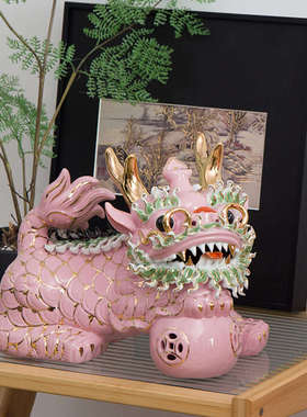 新中式手绘粉红色陶瓷麒麟一对招财摆件高级艺术家居玄关软装饰品