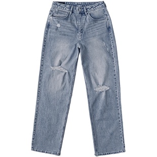 【张凌赫代言】Lee商场同款428懒懒裤高腰直脚浅蓝色破洞女牛仔裤