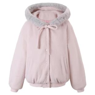 2025新款外套蝴蝶结绑带粉色毛毛夹棉领女秋冬季宽松连帽加厚外套