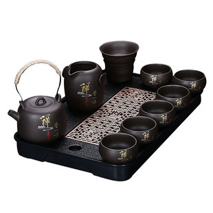 禅茶一味紫砂功夫茶具套装办公会客喝茶防烫提梁壶茶杯带茶盘整套