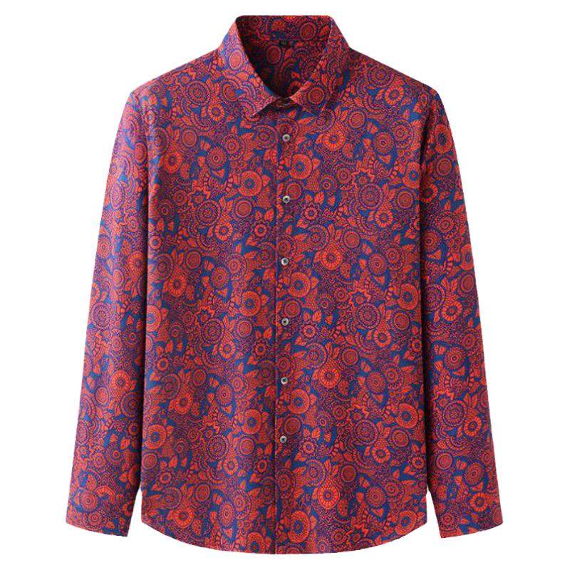 特大码高级胖子碎花长袖衬衫男加肥加大宽松短袖衬衣港风红色印花