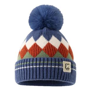 儿童帽子秋冬男孩帅气菱形格针织帽女孩毛线帽加绒保暖帽宝宝帽子