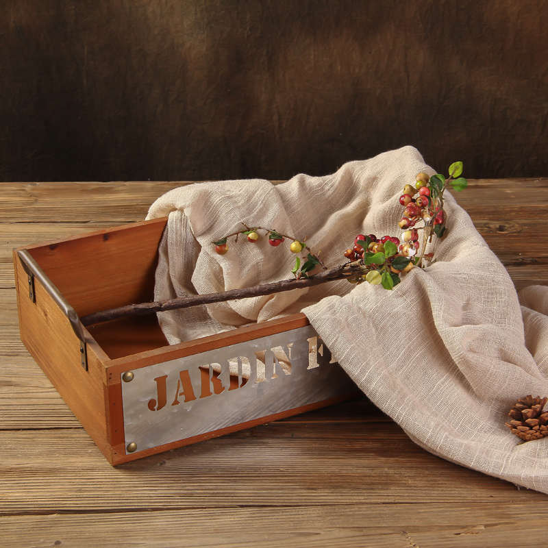 现货工业风铁艺实木收纳盒装饰整理木箱盒子盘子多肉花盘摆设道具