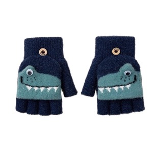 男女童手套秋冬保暖小学生写字露指加厚防风毛线翻盖五指可爱手套