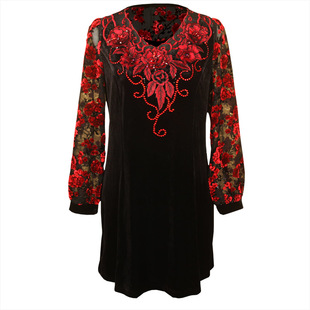 高端中老年妈妈宽松大码女士丝绒立体绣花镂空连衣裙时尚遮肉显瘦