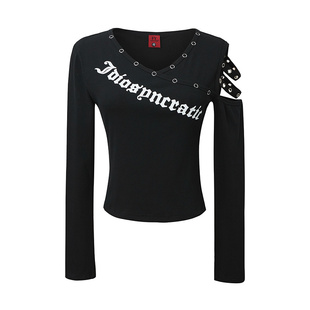 DoubleD小众设计哥特风印花露肩v领长袖T恤女辣妹修身显瘦上衣春