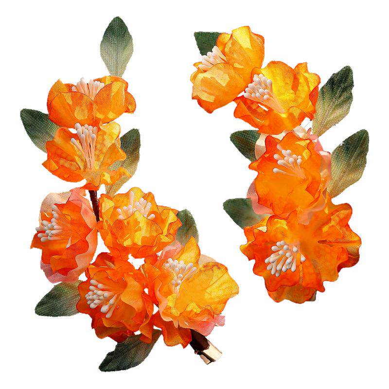古风橙色纯手工对夹典雅汉服绢花头饰古装花朵发夹气质少女配饰
