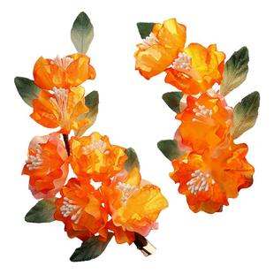 古风橙色纯手工对夹典雅汉服绢花头饰古装花朵发夹气质少女配饰